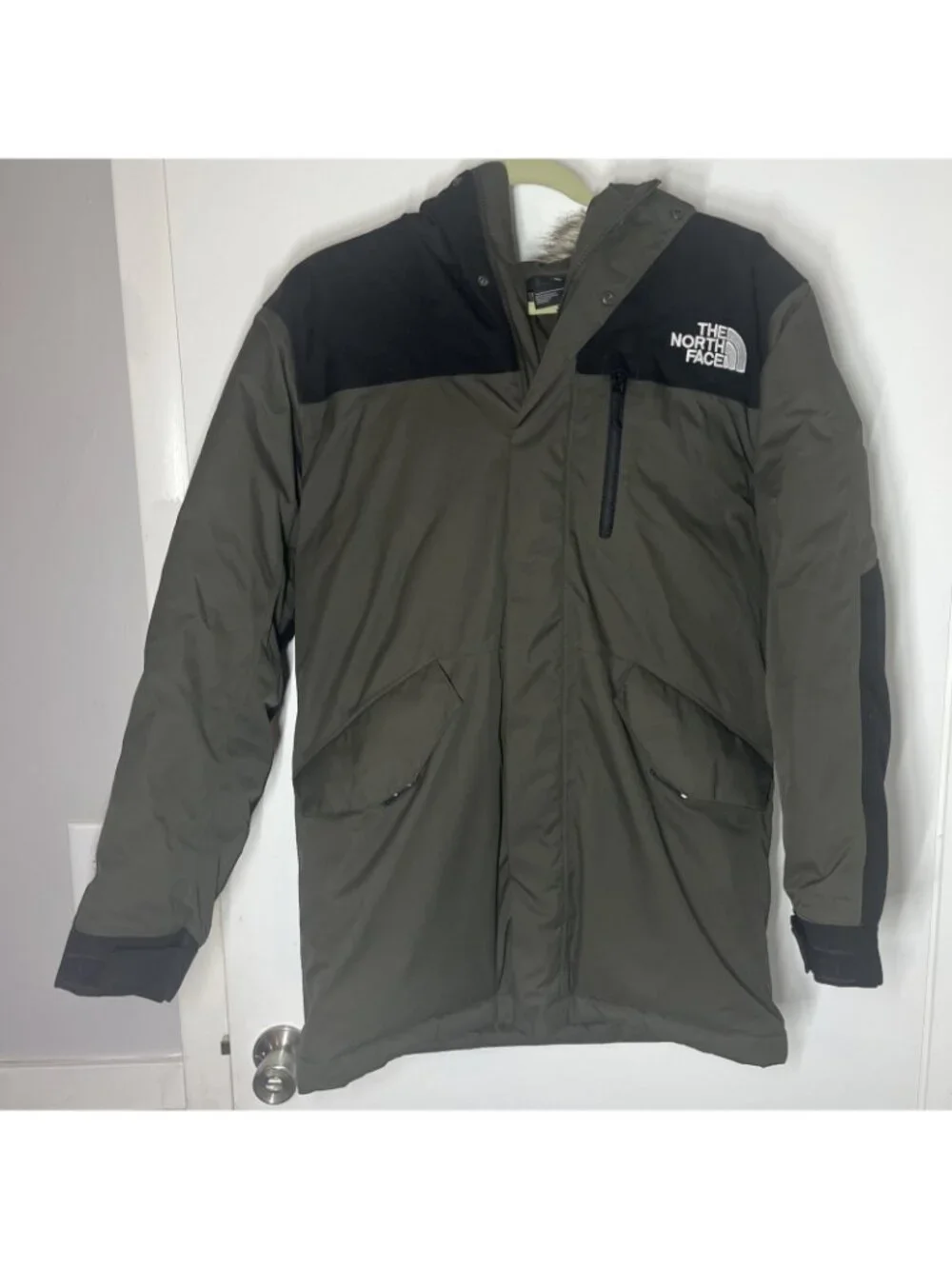 The North Face Faux Fur Removable Full Zip Down Jacket Olive Green Mens S Hooded